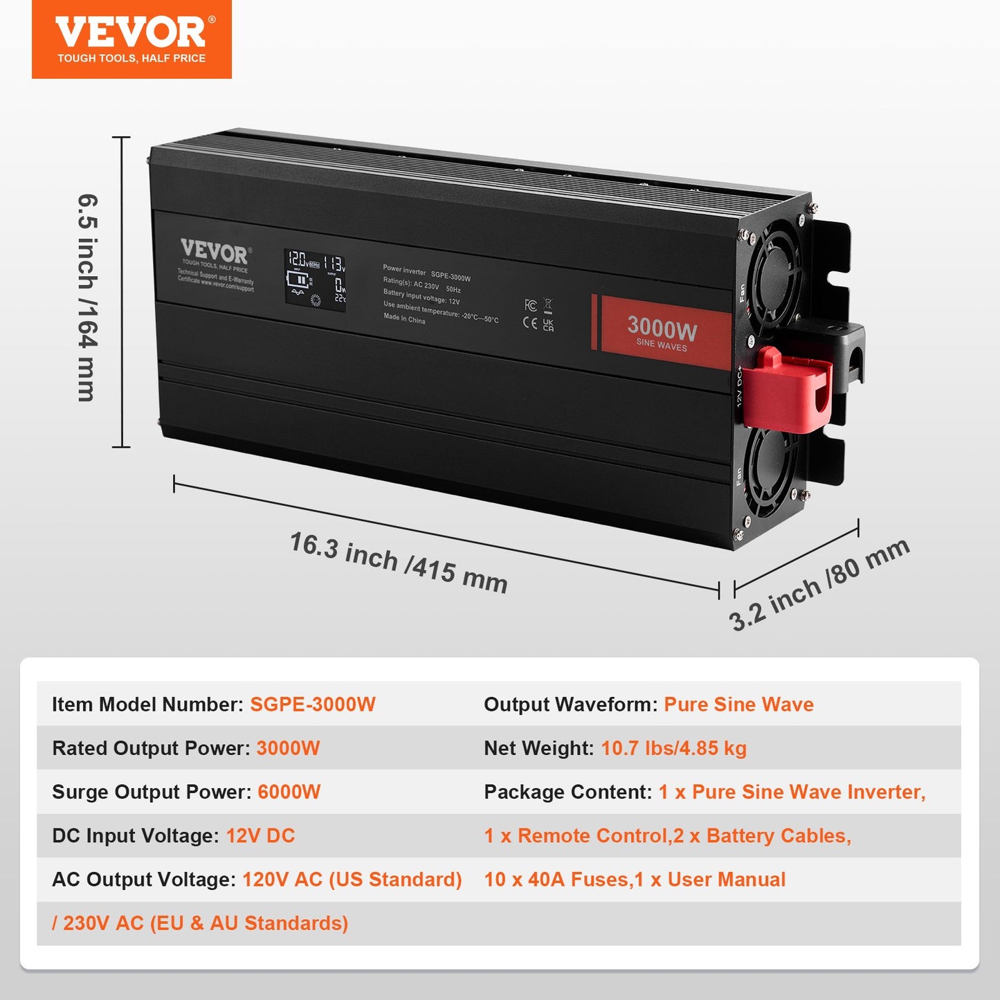 Pure Sine Wave Power Inverter 3000W DC12V till AC230V LCD-fjärrkontroll CE