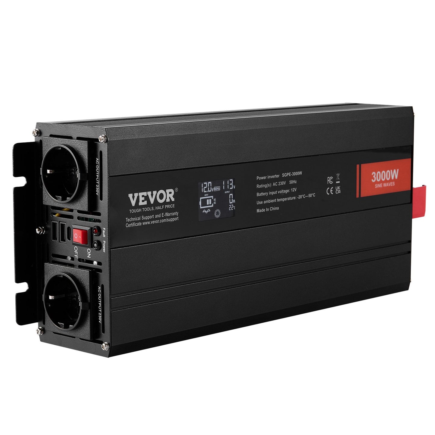 Pure Sine Wave Power Inverter 3000W DC12V till AC230V LCD-fjärrkontroll CE