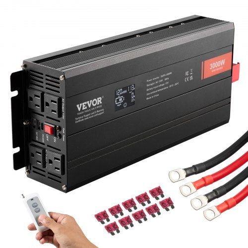 Pure Sine Wave Inverter, 3000 Watt, DC 12V to AC 120V Power Inverter with 2 AC Outlets 2 USB Port 1 Type-C Port, LCD Display and Remote Controller for Large Home Appliances, CE FCC Certified
