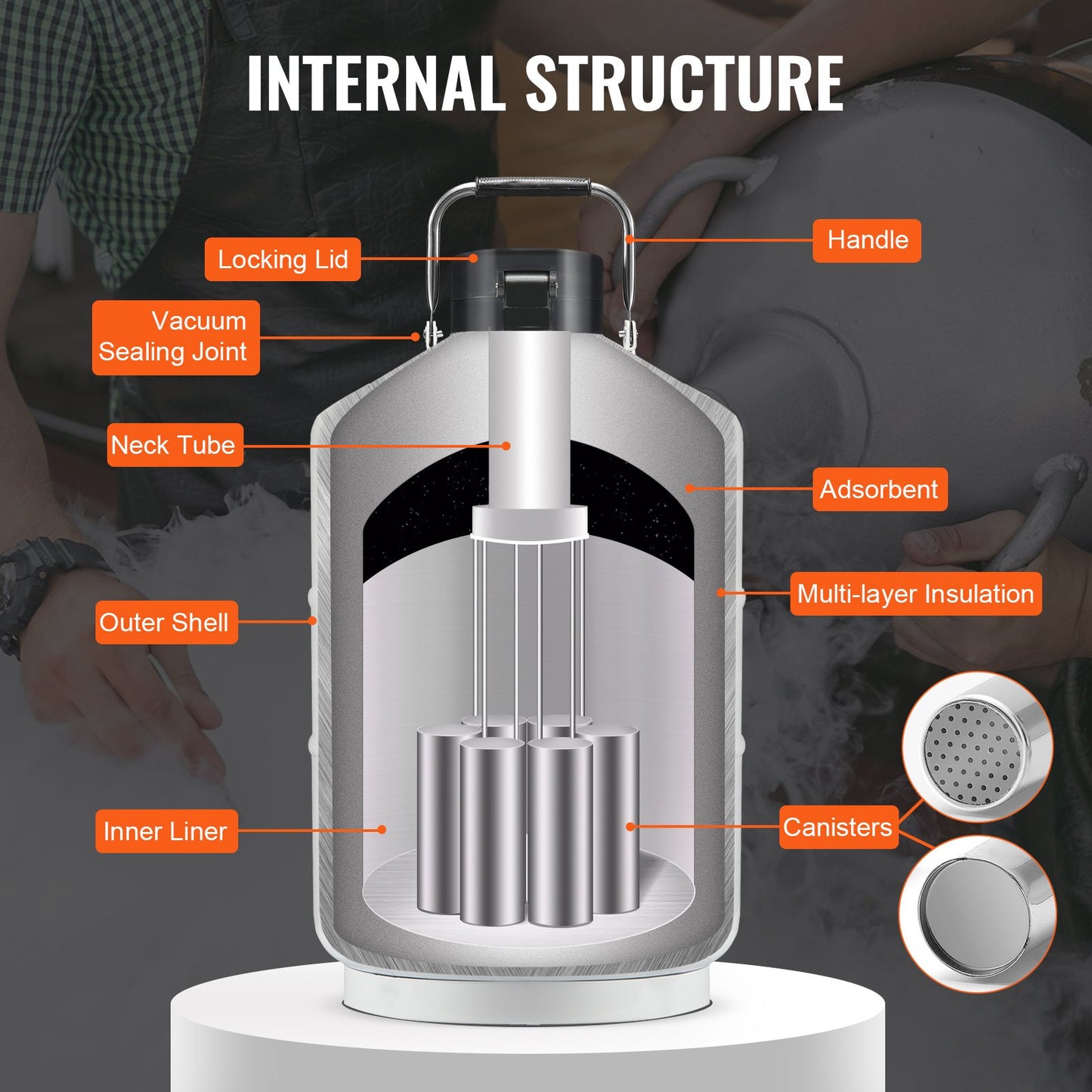 Flytande kvävetank 10 L aluminiumlegering LN2 behållare Dewar 6 kapslar