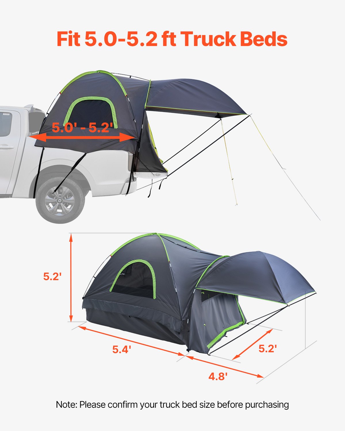 Truck Tent 5.0-5.2 Feet Waterproof PU2000 Truck Bed Camping Tent 2-3 People