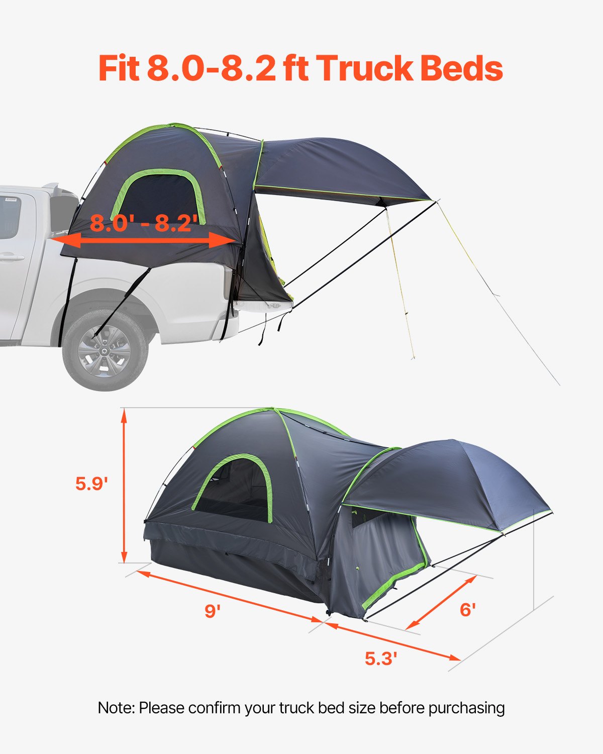 Truck Tent 8.0-8.2 Feet Waterproof PU2000 Truck Bed Camping Tent 2-3 People