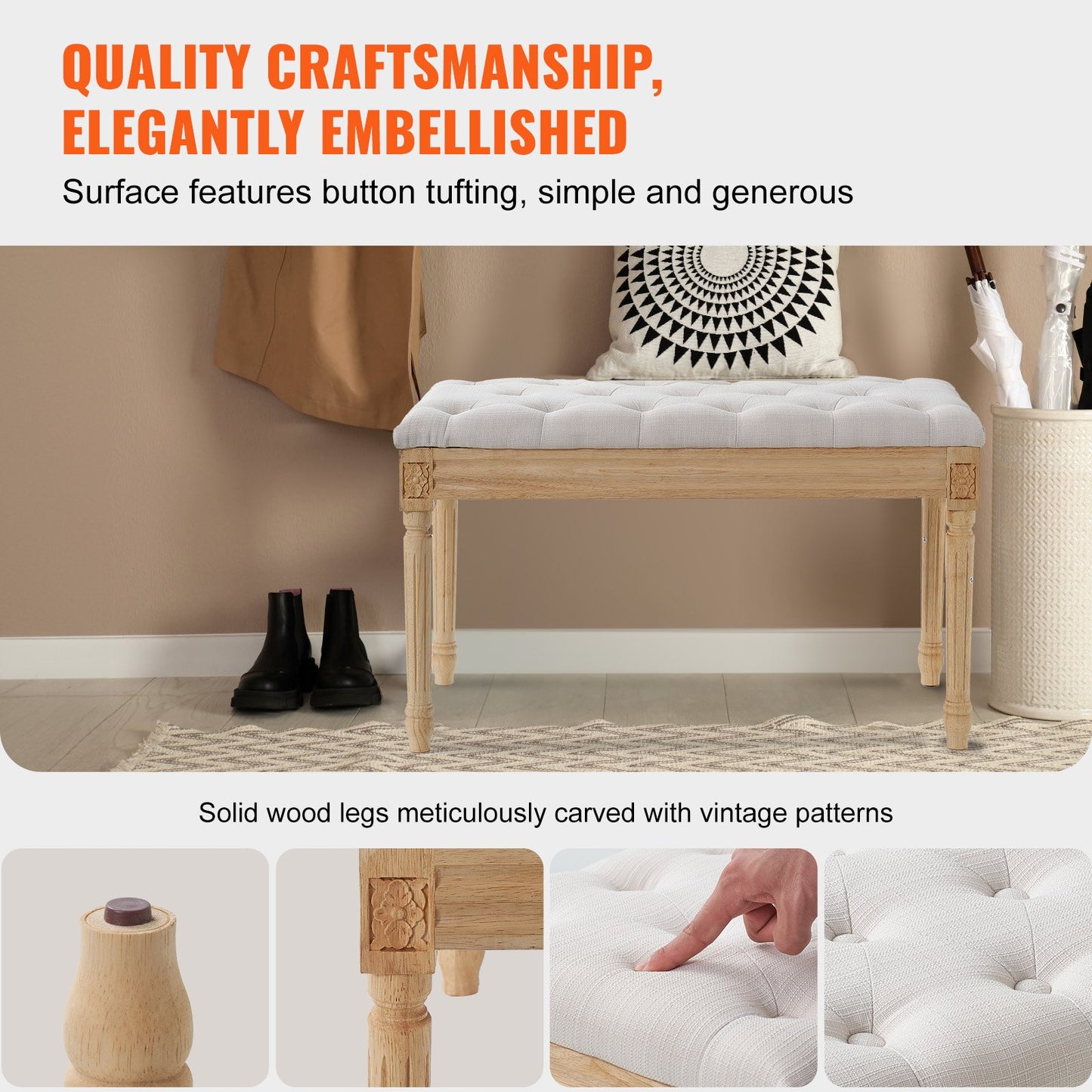 Gepolsterte Bank, 40,6 cm breite Ottomanenbank, Bettbank mit Schaumstoffkissen und Beinen aus Gummibaumholz, getufteter Fußhocker, Eingangsbank für Esszimmer, Wohnzimmer, Schlafzimmer, Flur, Beige