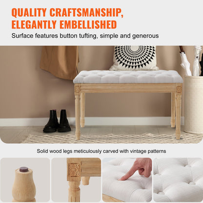 Gepolsterte Bank, 40,6 cm breite Ottomanenbank, Bettbank mit Schaumstoffkissen und Beinen aus Gummibaumholz, getufteter Fußhocker, Eingangsbank für Esszimmer, Wohnzimmer, Schlafzimmer, Flur, Beige