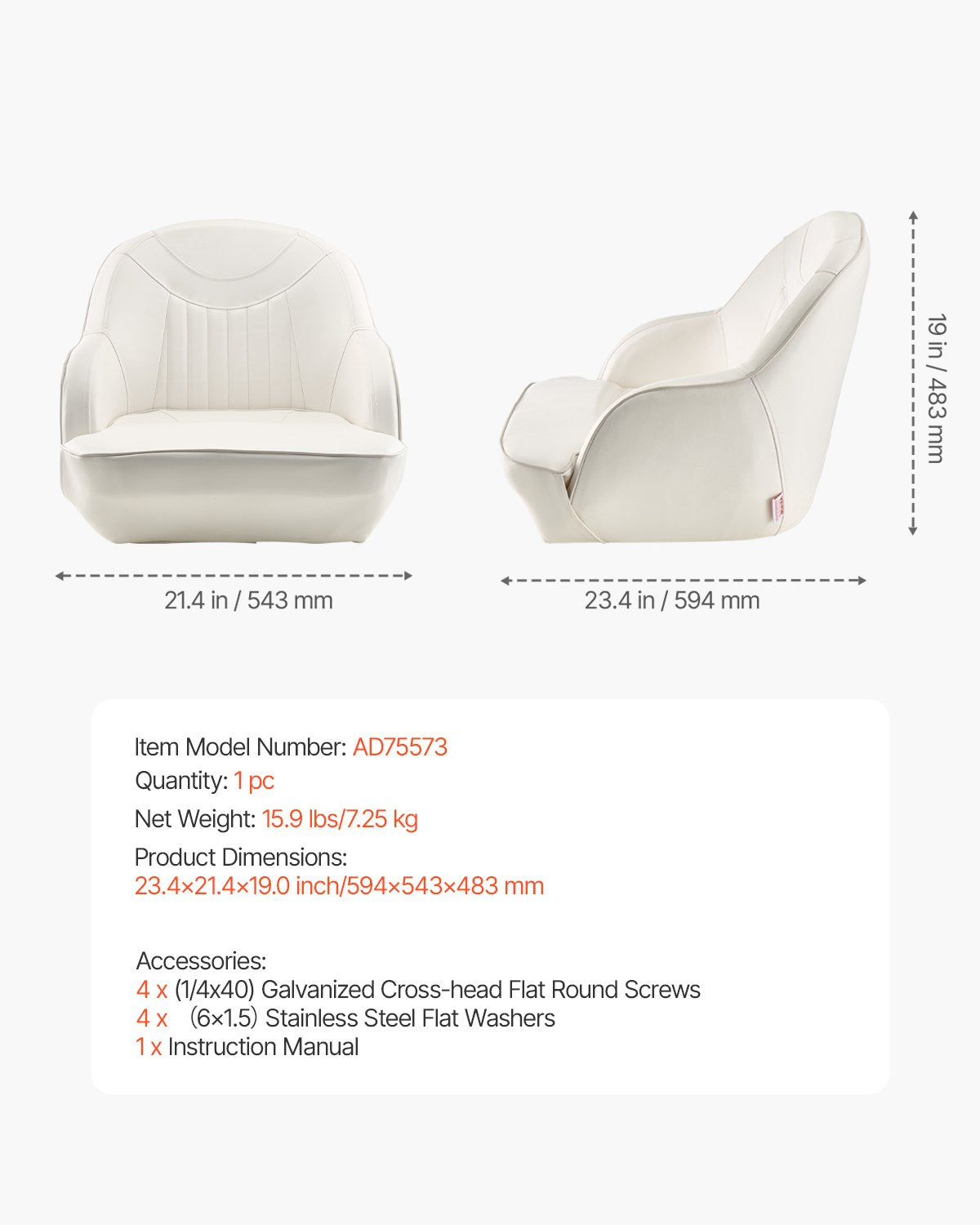 Båtsits Lågt ryggstöd PVC Läder Kapten Bucket Seat Vit