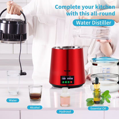 4-l-Wasserdestilliergerät, 1 l/h, 750 W, Destilliergerät mit 0–99-h-Zeiteinstellung, Temperaturanzeige, Destilliergerät aus Edelstahl 304, Arbeitsplatten-Destilliergerät, Glaskaraffe, Reinigungspulver, 3 Aktivkohlepackungen, Rot