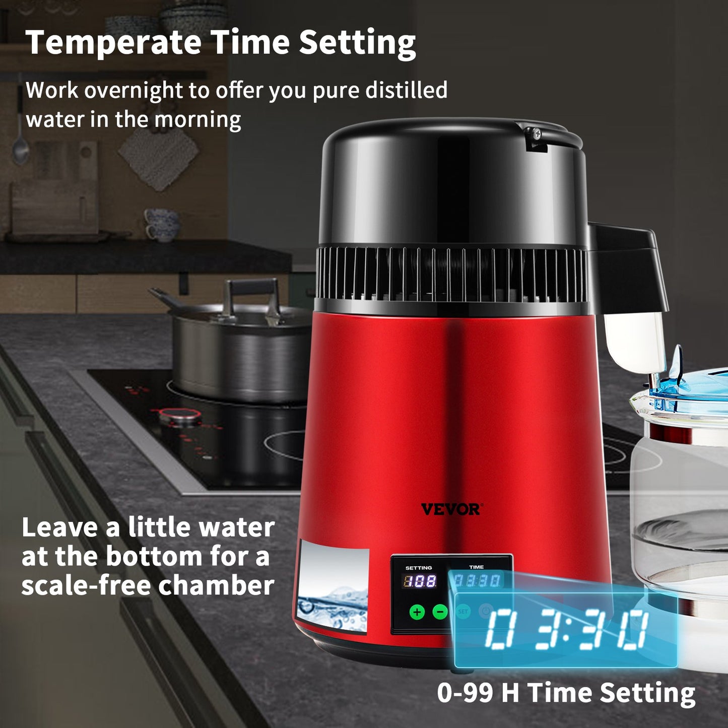 4-l-Wasserdestilliergerät, 1 l/h, 750 W, Destilliergerät mit 0–99-h-Zeiteinstellung, Temperaturanzeige, Destilliergerät aus Edelstahl 304, Arbeitsplatten-Destilliergerät, Glaskaraffe, Reinigungspulver, 3 Aktivkohlepackungen, Rot