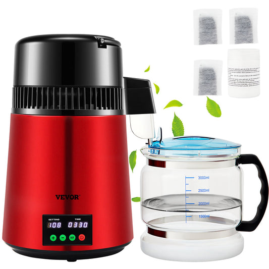 4 L vattendestillerare, 1 L/H, 750 W destillerat vattenmaskin med 0-99 H Timing Inställning Temp Display, 304 rostfritt stål bänkskiva Distiller Glaskaraff Rengöringspulver 3 Carbon Packs, Röd