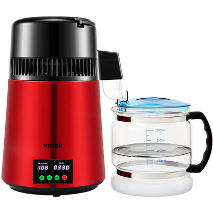 4-l-Wasserdestilliergerät, 1 l/h, 750 W, Destilliergerät mit 0–99-h-Zeiteinstellung, Temperaturanzeige, Destilliergerät aus Edelstahl 304, Arbeitsplatten-Destilliergerät, Glaskaraffe, Reinigungspulver, 3 Aktivkohlepackungen, Rot