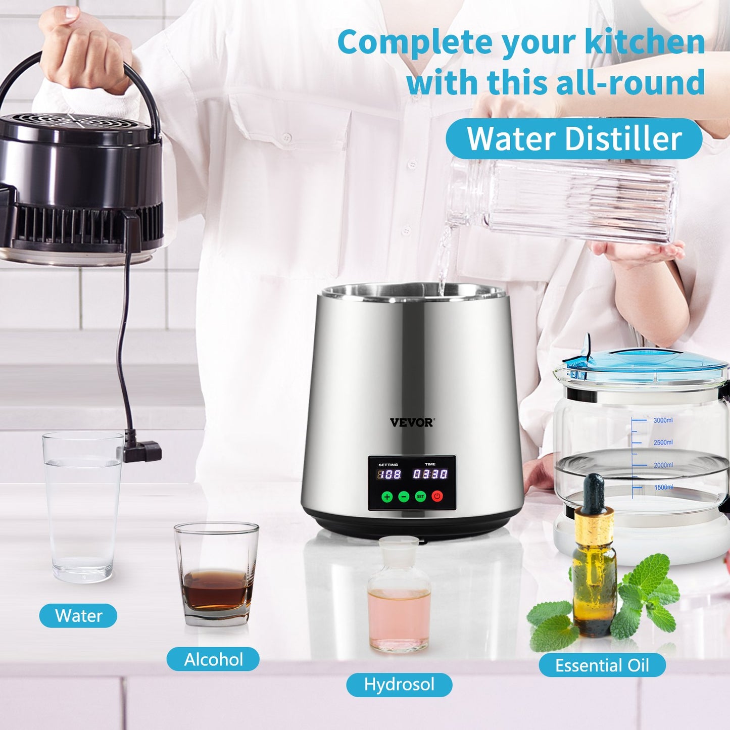 4L Wasserdestilliergerät 1L/H Destilliertes Wasser Maker Timing &amp; Temp Display Silber