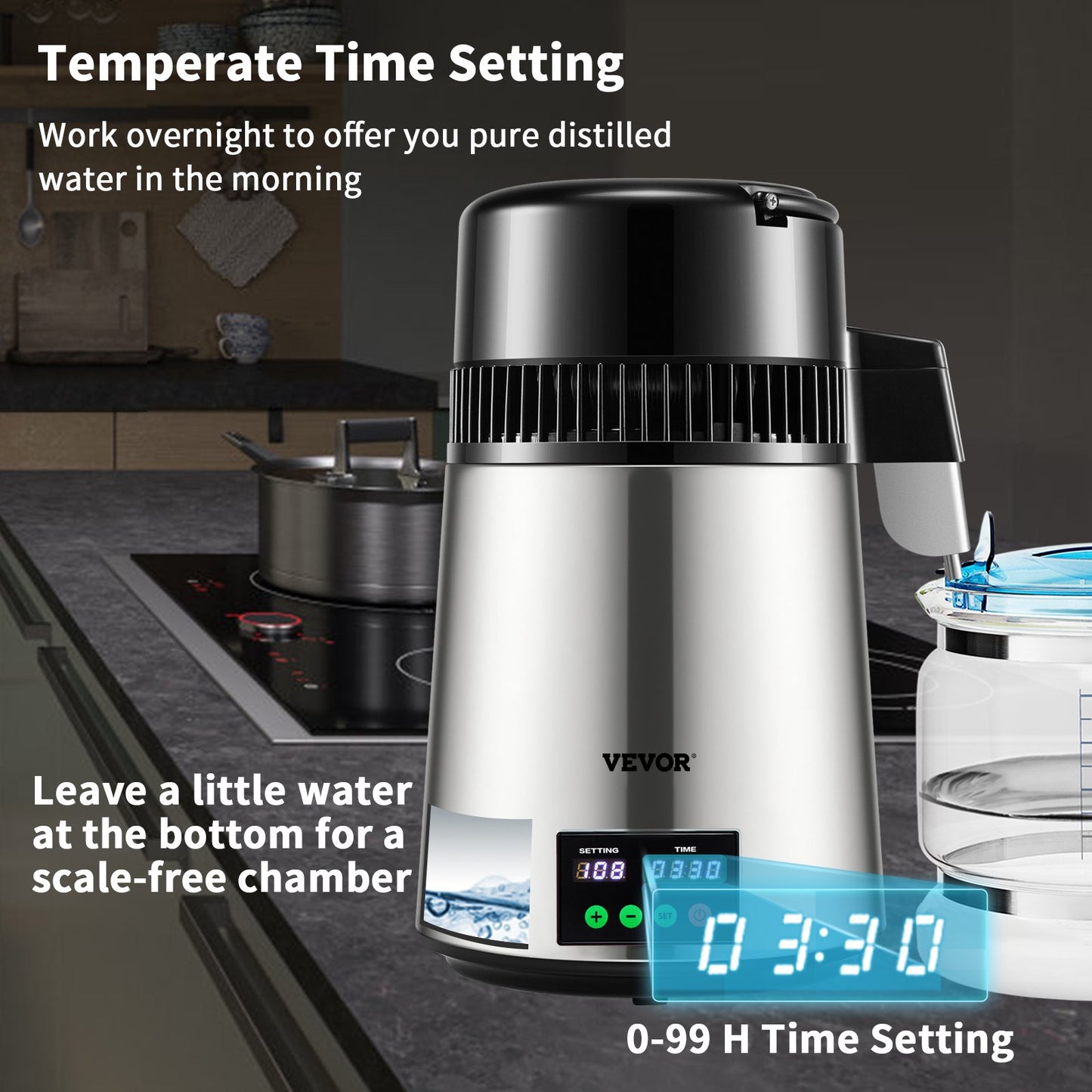 4L Wasserdestilliergerät 1L/H Destilliertes Wasser Maker Timing &amp; Temp Display Silber