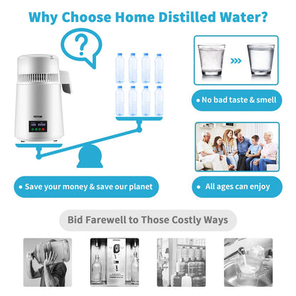 4L Water Distiller 1L/H Destillerat vatten Maker Timing & Temp Display Vit