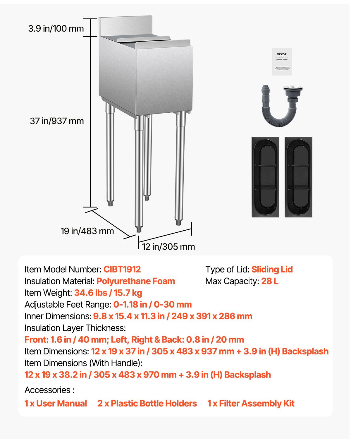 Commercial Ice Bin 28 L Underbar Ice Bin med Skjutlock Flaskhållare