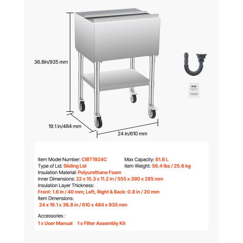 Commercial Ice Bin 61,6 L Iskista på hjul med bottenförvaringsfack |  EU