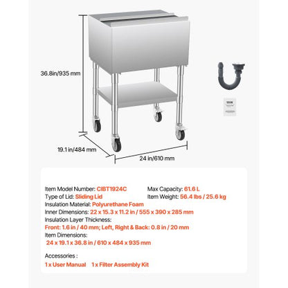Commercial Ice Bin 61,6 L Iskista på hjul med bottenförvaringsfack |  EU