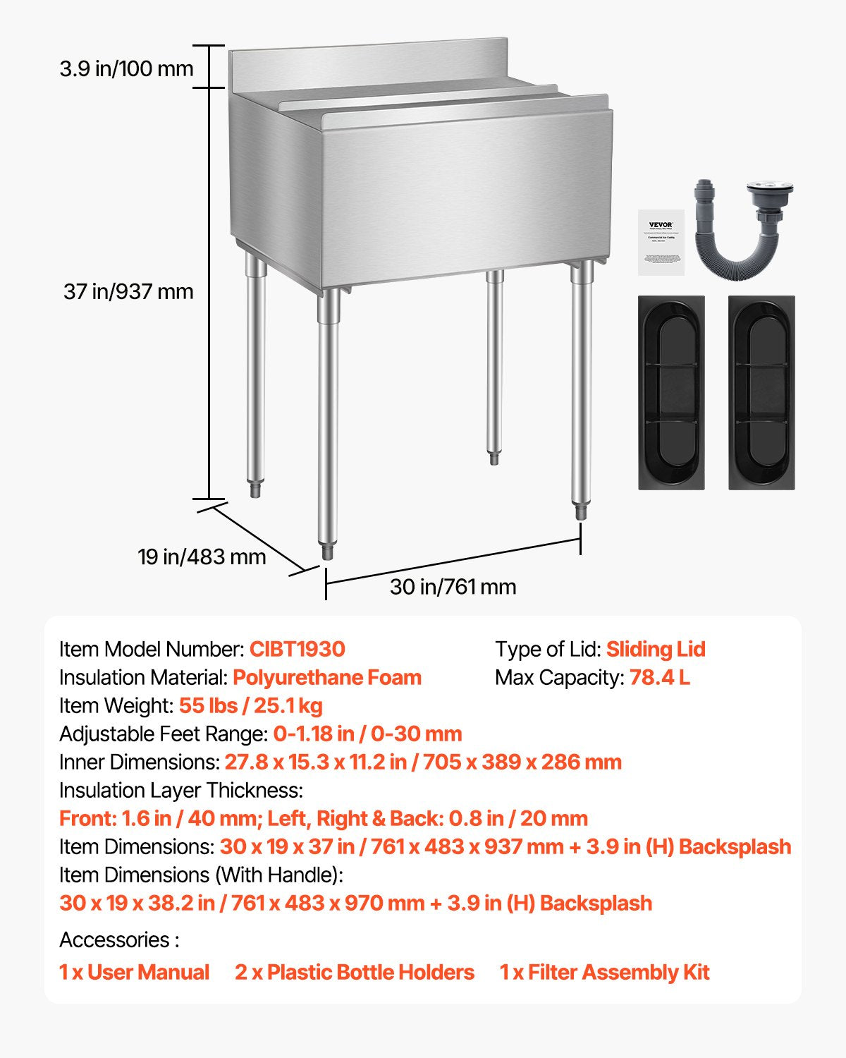 Commercial Ice Bin 78,4 L Underbar Ice Bin med skjutlock för kök
