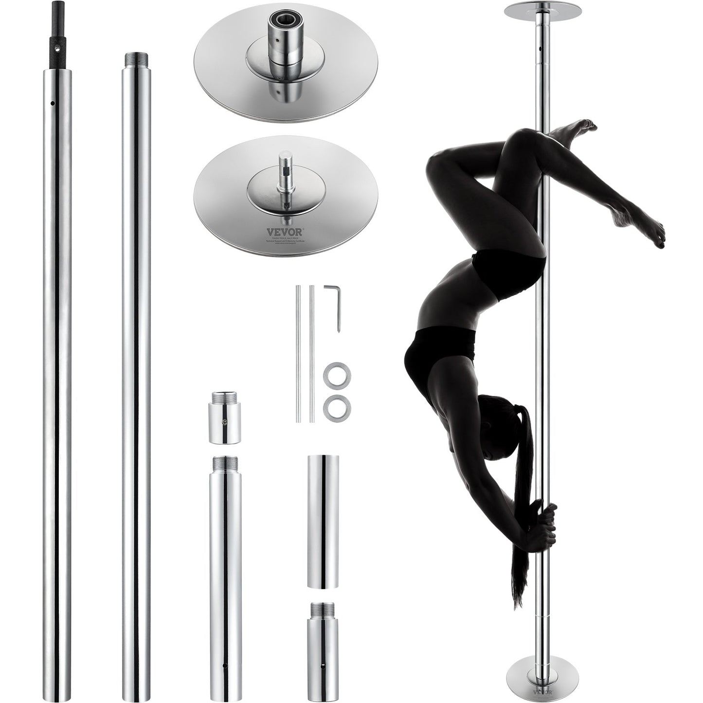 Professionell dansstång, spinnande statisk dansstångssats, bärbar avtagbar stång, 45 mm kraftig rostfritt stålstång, höjdjusterbar träningsstång, för träningshemklubbgym, silver