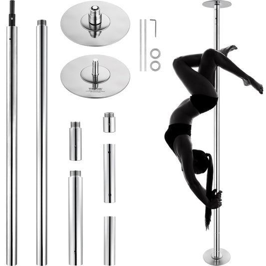 Professionell Dansstav, Snurrande statisk Dansstavsats, Bärbar, avtagbar stolpe, 45 mm kraftig rostfri stålstav, höjdjusterbar träningsstav, för träningshemklubbgym, Silver