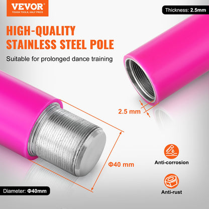 Professionell Dansstav, Snurrande statisk Dansstavsats, Bärbar, avtagbar stolpe, 40 mm Heavy-Duty Rostfritt Stål Stång, Höjdjusterbar Fitness Stång, För Träning Hemmaklubb Gym, Rosa