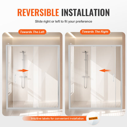 Frameless Shower Door, 57.7-59" x 70" SGCC Tempered Glass 1/4" Chrome