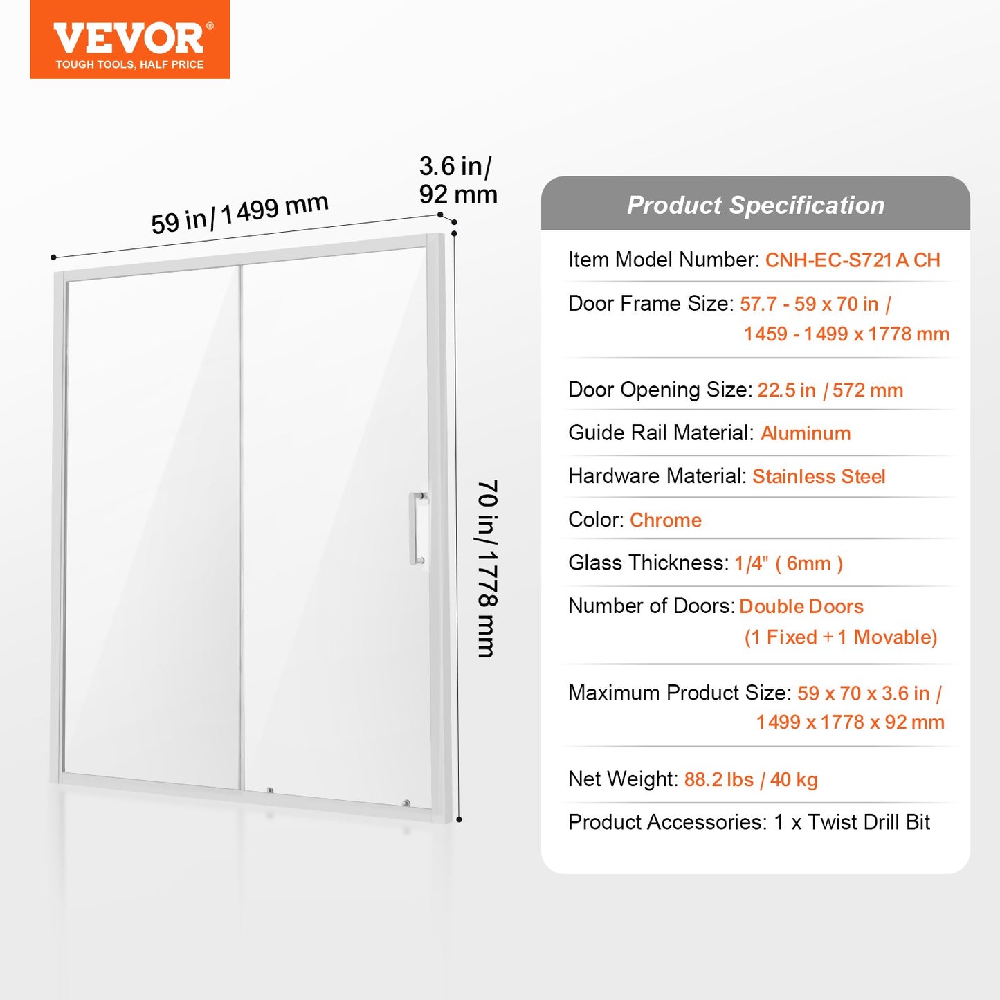 Frameless Shower Door, 57.7-59" x 70" SGCC Tempered Glass 1/4" Chrome