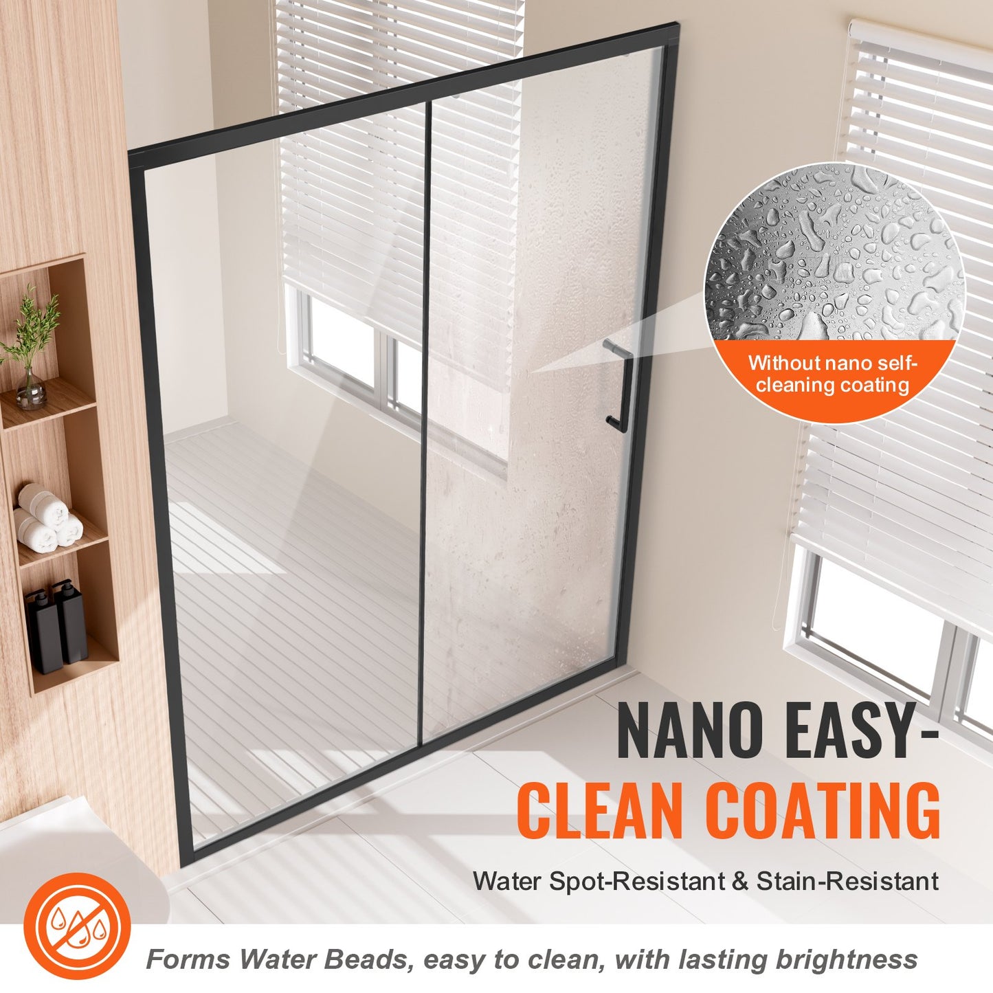 Frameless shower door, 57.7-59" x 70" tempered glass 1/4" matte black