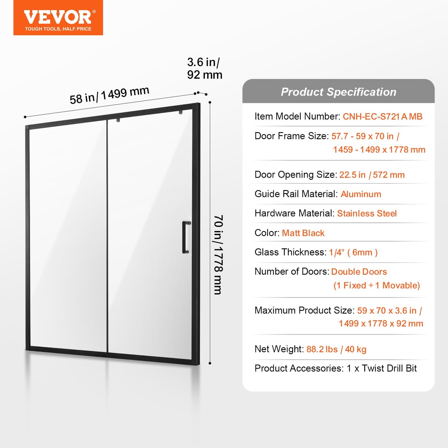 Frameless shower door, 57.7-59" x 70" tempered glass 1/4" matte black