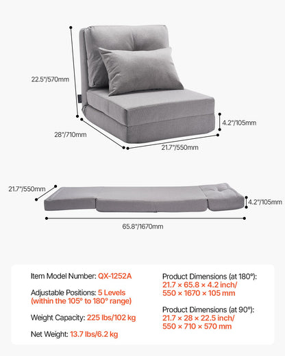 Cabriolet Flip Stol med 5 justerbara positioner Golv Lazy Sofa Grå