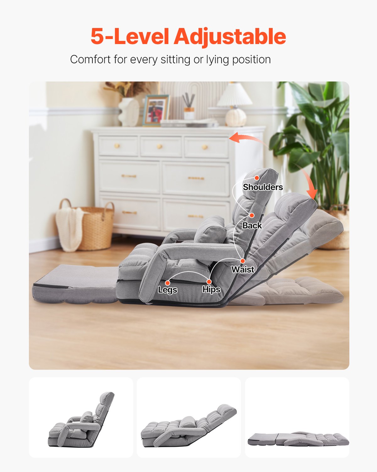 Floor Chair with 5 Adjustable Positions and Armrests Floor Gaming Chair