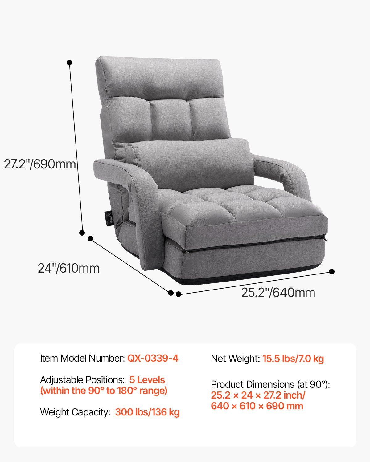 Floor Chair with 5 Adjustable Positions and Armrests Floor Gaming Chair