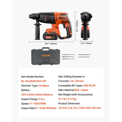 20 V SDS-Plus bürstenloser Akku-Bohrhammer-Satz, 1200 U/min, 4 Funktionen