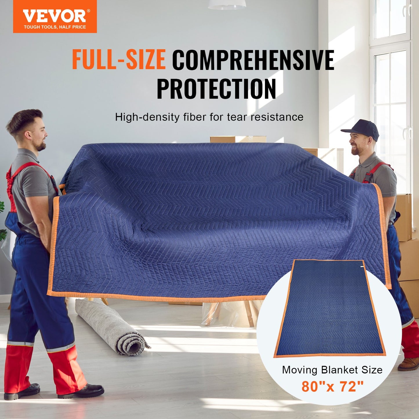 Umzugsdecken, 203,2 x 182,9 cm, Gewicht 15,9 kg/dz, 12er-Pack, professionelle Decke aus Vlies und recycelter Baumwolle, strapazierfähige Umzugsmatten zum Schutz von Möbeln, Böden und Geräten, Blau/Orange