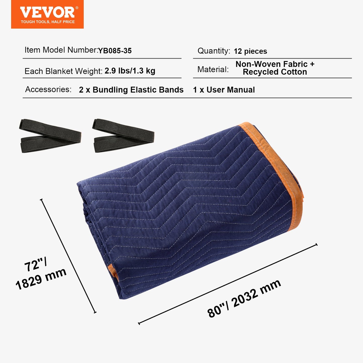 Umzugsdecken, 203,2 x 182,9 cm, Gewicht 15,9 kg/dz, 12er-Pack, professionelle Decke aus Vlies und recycelter Baumwolle, strapazierfähige Umzugsmatten zum Schutz von Möbeln, Böden und Geräten, Blau/Orange