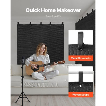 ljuddämpande filtar, ljudisolerade gardiner med 2032 x 1219 mm, ljudisolerad filt med öljetter, studiofilt med öljetter, för fönster, dörr, ljusblockerare, musikinspelning, svart |  EU