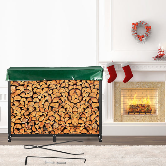 Firewood rack, 8 foot outdoor firewood rack, black firewood rack, steel firewood rack, steel firewood rack, 1300 pound load capacity firewood rack, firewood rack with lid and fireplace tool kit