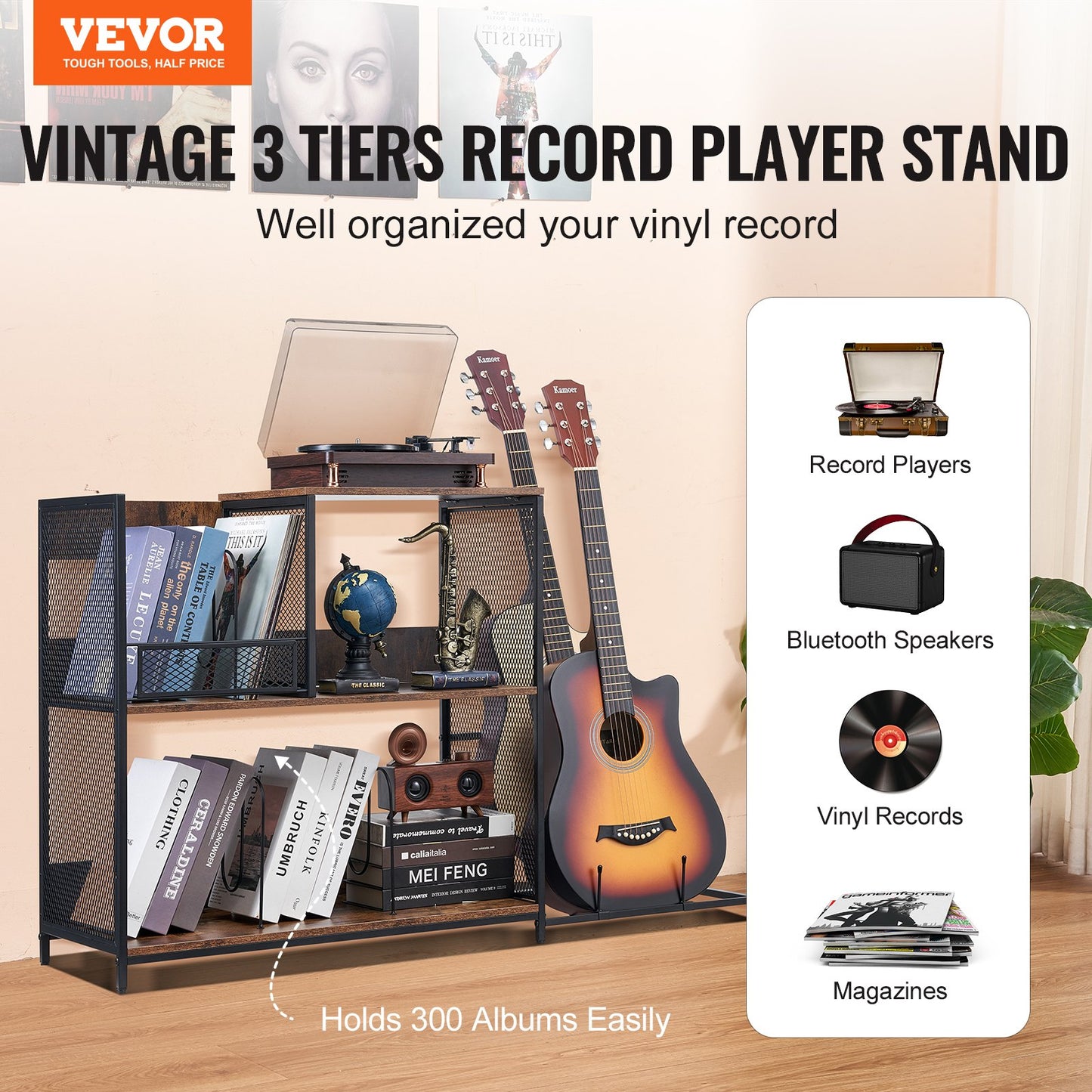 Skivspelaresstativ 3-vånings skivspelare i metall med Guitar Store Svart