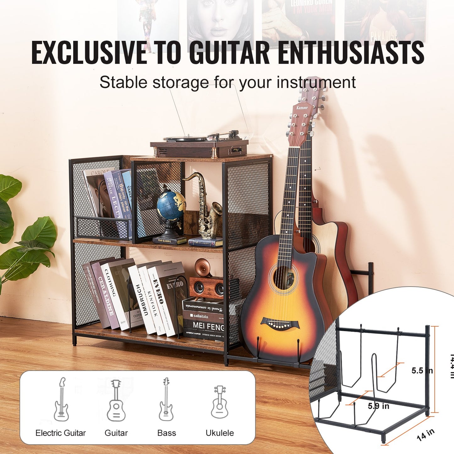 Skivspelaresstativ 3-vånings skivspelare i metall med Guitar Store Svart