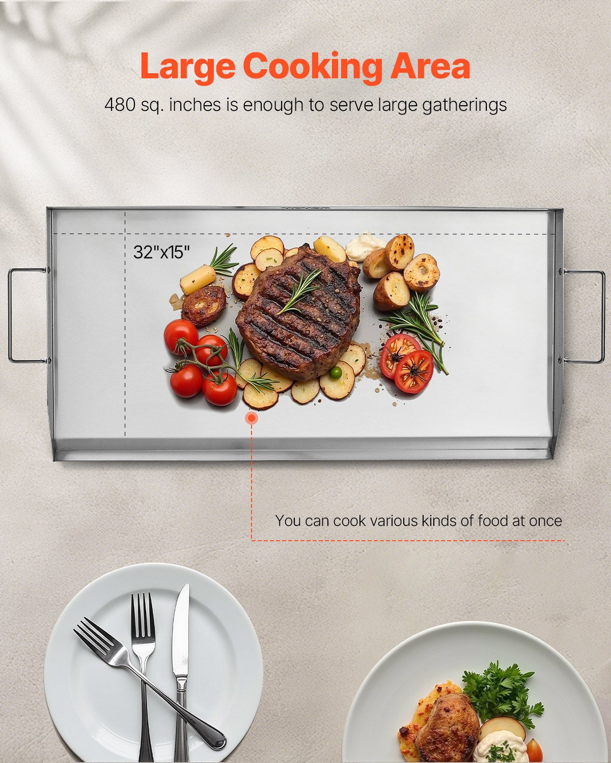 32x16 in Stainless Steel Flat Grill Plate Universal BBQ Grill Pan Kitchen Utensils