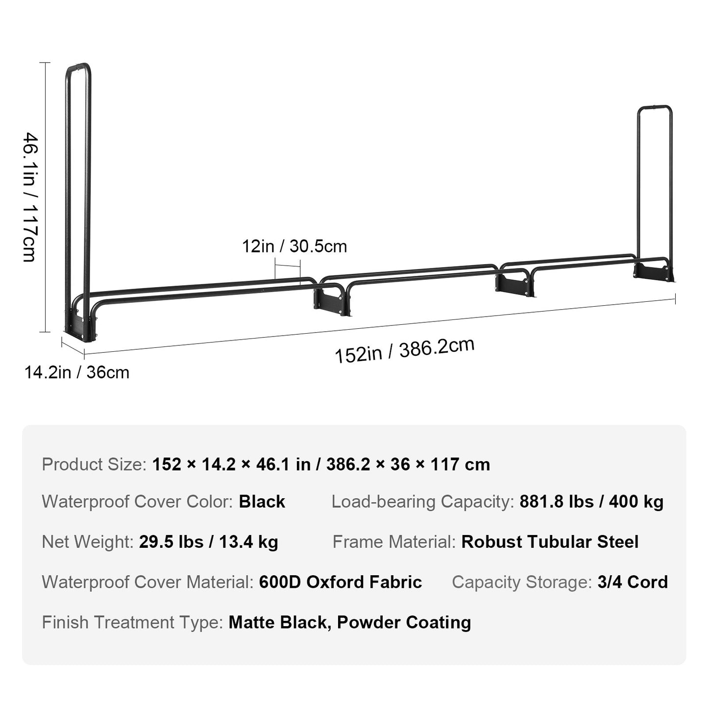 12,7 Fuß großes Brennholzregal für den Außenbereich mit Deckel, 152 x 14,2 x 46,1 Zoll, robuster Brennholzhalter und wasserdichter 600D Oxford-Deckel für Kamin, Terrasse, Holzlagerregal für drinnen und draußen für 3/4 Cord Brennholz