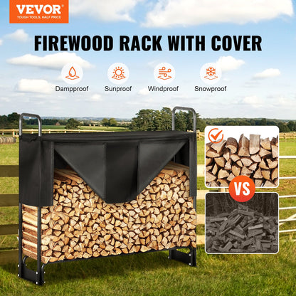 4,3 Fuß großes Brennholzregal mit Deckel für den Außenbereich, 52 x 14,2 x 46,1 Zoll, robuster Brennholzhalter und wasserdichter 600D Oxford-Deckel für Kamin, Terrasse, Holzlagerregal für drinnen und draußen für 1/4 Cord Brennholz