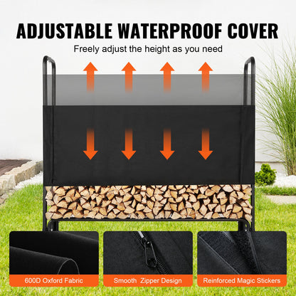 4,3 Fuß großes Brennholzregal mit Deckel für den Außenbereich, 52 x 14,2 x 46,1 Zoll, robuster Brennholzhalter und wasserdichter 600D Oxford-Deckel für Kamin, Terrasse, Holzlagerregal für drinnen und draußen für 1/4 Cord Brennholz