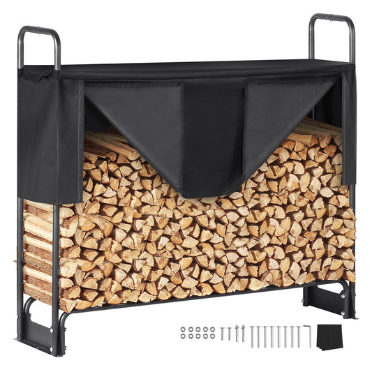 4,3 FT vedställ utomhus med lock, 52x14,2x46,1 tum, kraftig vedhållare & 600D Oxford vattentätt lock för öppen spis, uteplats, inomhus/utomhus stockförvaringsställ för 1/4 sladd ved