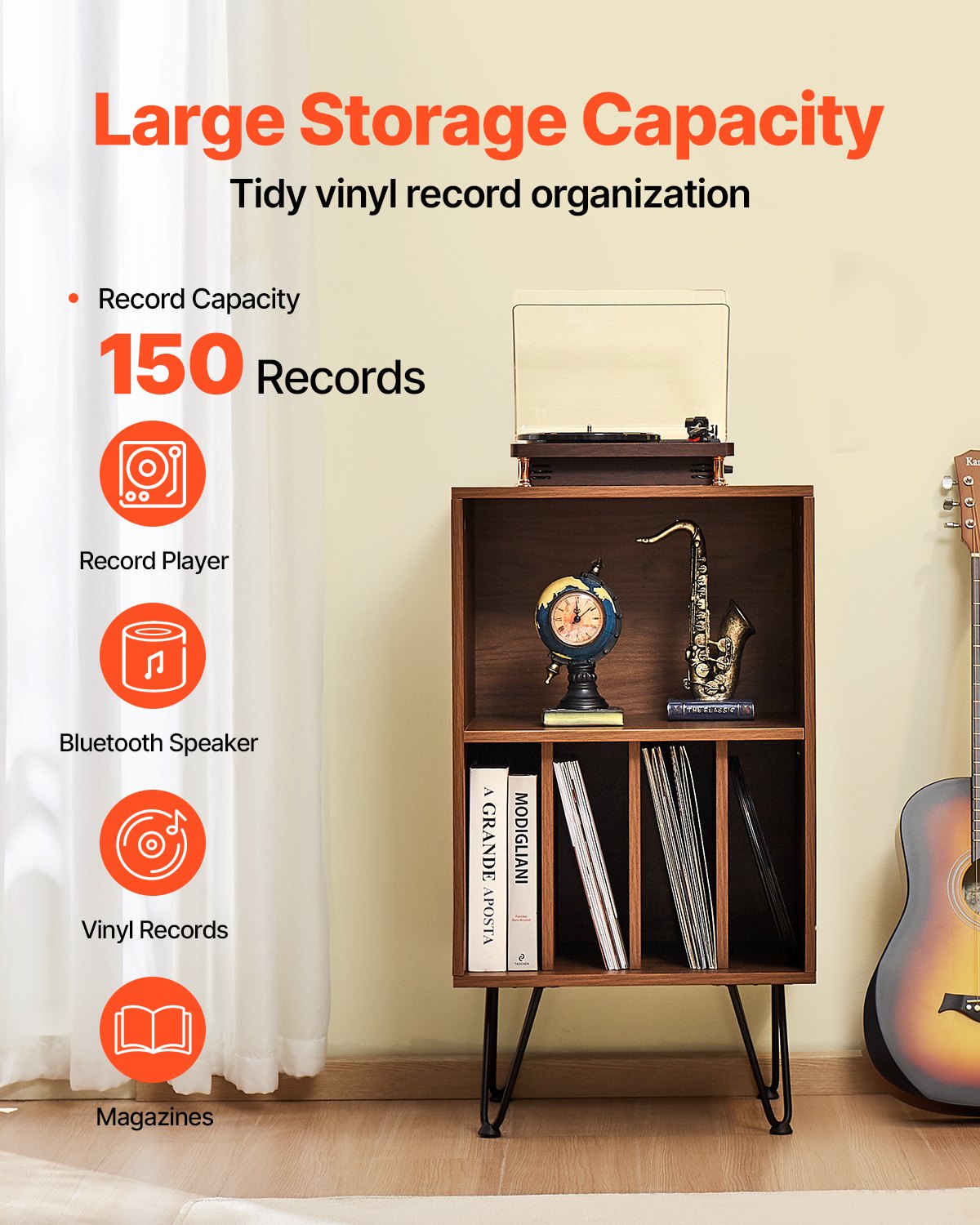 3-nivå skivspelare Stativ Metal Vinyl Skivställ upp till 150 album Brun