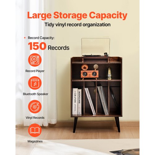 3-tier Turntable with LED Lights &amp; USB Ports Wooden Vinyl Shelf Brown | EU