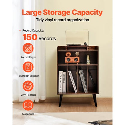 3-tier Turntable with LED Lights &amp; USB Ports Wooden Vinyl Shelf Brown | EU