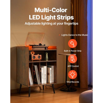 3-tier Turntable with LED Lights &amp; USB Ports Wooden Vinyl Shelf Brown | EU