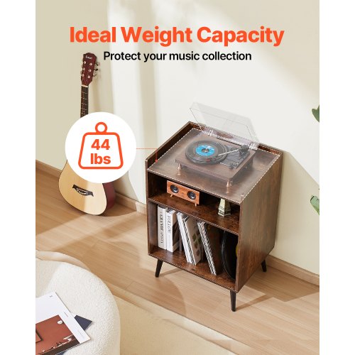 3-tier Turntable with LED Lights &amp; USB Ports Wooden Vinyl Shelf Brown | EU