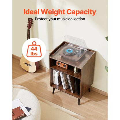 3-tier Turntable with LED Lights &amp; USB Ports Wooden Vinyl Shelf Brown | EU