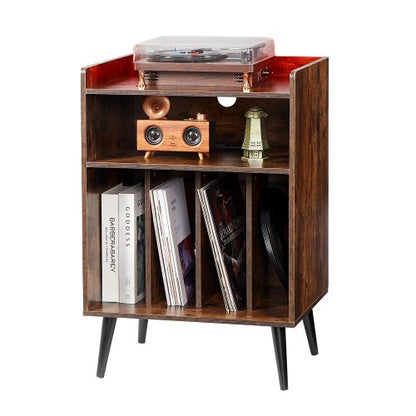 3-tier Turntable with LED Lights &amp; USB Ports Wooden Vinyl Shelf Brown | EU