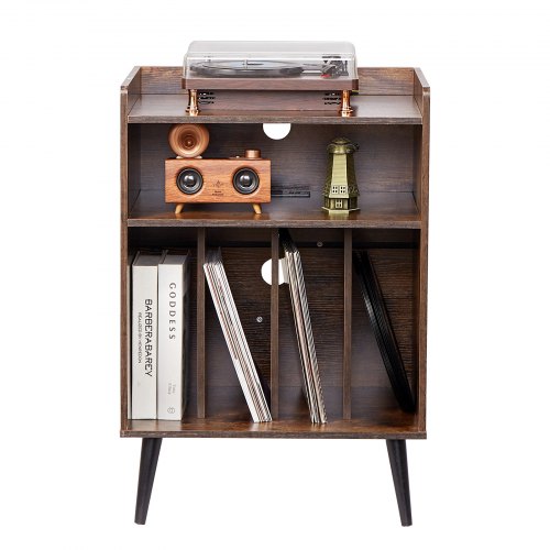 3-tier Turntable with LED Lights &amp; USB Ports Wooden Vinyl Shelf Brown | EU
